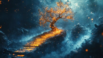 Obraz premium Fiery Tree, Staircase, Fantasy Landscape, Night, Magic