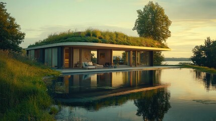 Fototapeta premium Lakeside green roof home sunset infinity pool