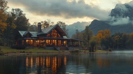 Fototapeta premium Mountain lake cabin sunset reflection