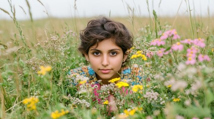 Fototapeta premium Girl, wildflowers, field, portrait, summer, nature, happy, serene, outdoor, photography