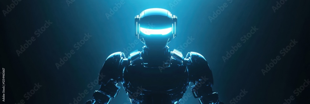 Poster Glowing humanoid robot stands centered in a dark space with futuristic energy radiating around it. Generative AI