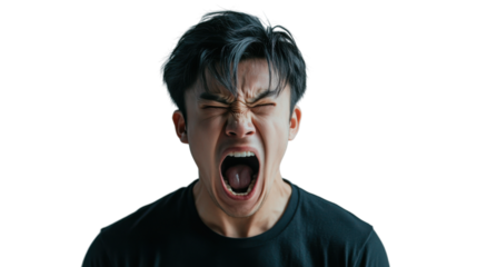 Young man screaming with transparent background: expressing extreme emotion