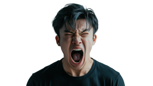 Young man screaming with transparent background: expressing extreme emotion