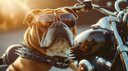 Stylish Bulldog In Sunglasses On Motorcycle