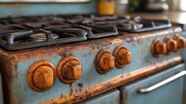 Grease-covered stove knobs in a poorly maintained commercial kitchen