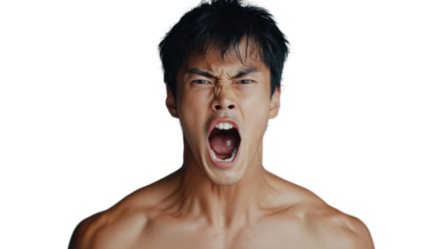 Young man shouting with transparent background, expressing anger and frustration