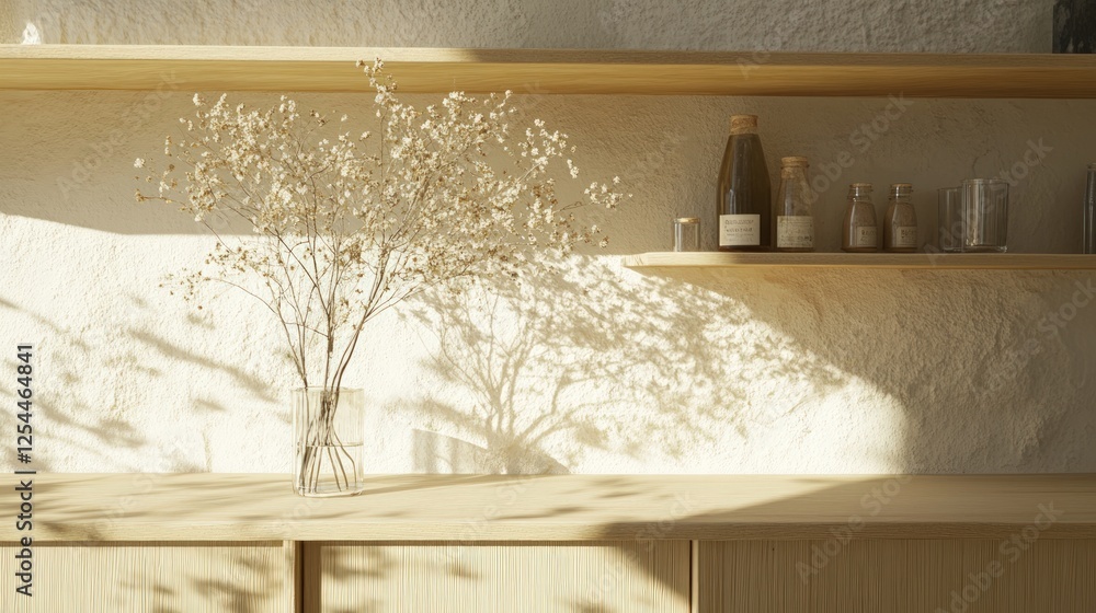 Poster light brown wooden frame shelf with assorted glass jars and vase with artificial plant with a backgr