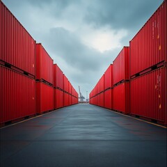 Fototapeta premium red shipping containers aligned under a bright blue sky with clouds. Industrial logistics, transportation, and storage concept. Perfect for business, cargo, and trade-related designs.