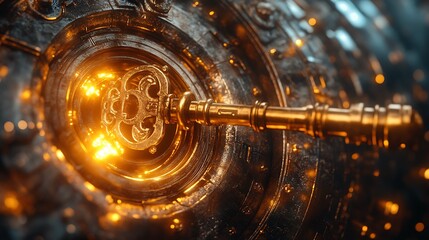 Shiny golden key halfway inserted into an antique vault door intricate discount symbols glowing around it