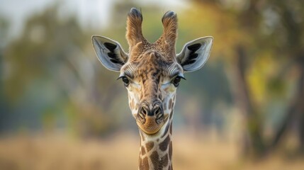 Fototapeta premium Portrait a young funny angolan giraffe animal wildlife in savanna. AI generated image