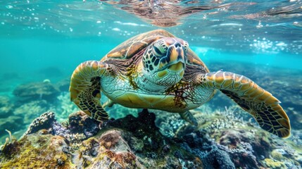 Obraz premium Portrait a sea turtle swimming in the clear water. AI generated image