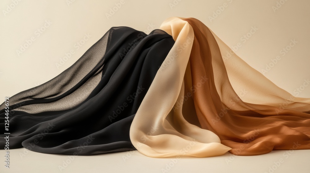 Poster Elegant display of flowing silk fabrics in neutral tones with soft lighting ideal for creative projects or design inspiration. Generative AI