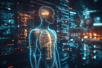 Digital human anatomy, data screen, futuristic medical research