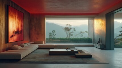 Modern living room, mountain view, sunset, minimalist design, interior design