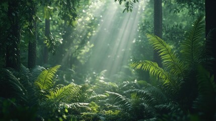 Obraz premium Sunbeams pierce lush forest, ferns foreground, misty background, nature scene