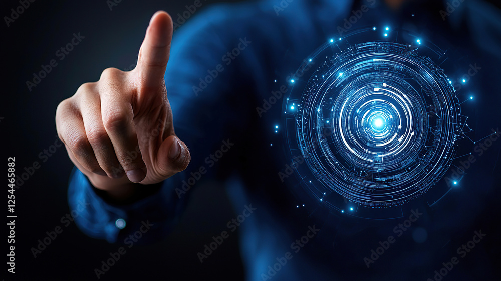 Poster person interacts with futuristic digital interface, featuring glowing holographic display. scene sug