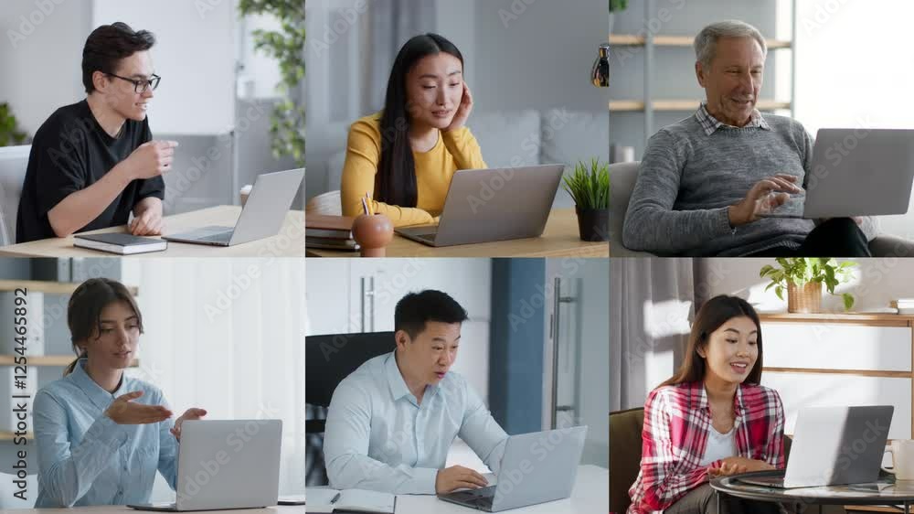 Poster six participants engage in a virtual meeting from their home offices, each displaying varied express