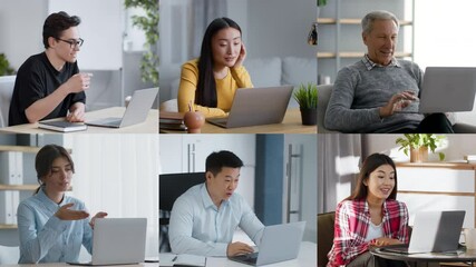 Six participants engage in a virtual meeting from their home offices, each displaying varied expressions. The environment suggests a collaborative atmosphere during working hours.