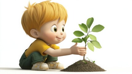 Smiling little  boy holding plants with flowers in their hands, surrounded by nature, spring vibes, and a sense of joy and beauty
