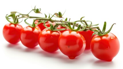 Group red ripe fresh cherry tomatoes on branch white background. AI generated image
