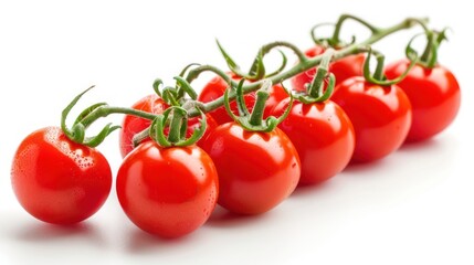 Group red ripe fresh cherry tomatoes on branch white background. AI generated image
