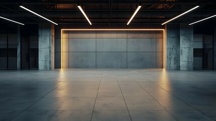 Empty Modern Industrial Garage With Orange Lighting