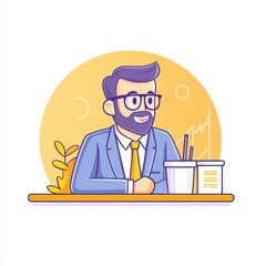 successful investor growth mindset concept. Illustration of a smiling businessman at a desk with a cup and documents.