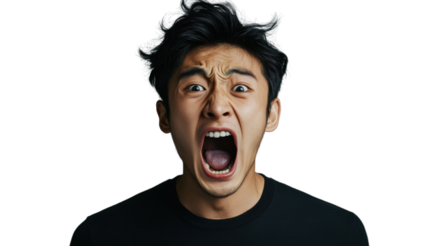 Young man shouting with transparent background: stress, anger, and frustration