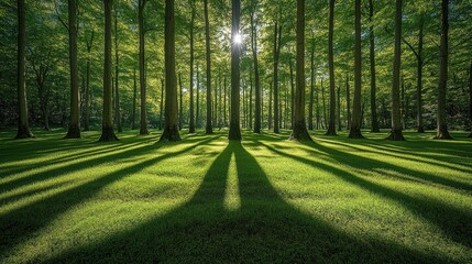 Sunlight filters through lush green trees, casting long shadows on vibrant grass in a serene forest