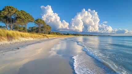 Serene beach landscape with gentle waves, lush greenery, and dramatic cloud formations
