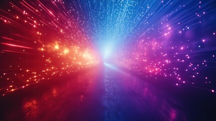 Fototapeta premium Neon light streaks converge, futuristic tunnel, vibrant background, digital art