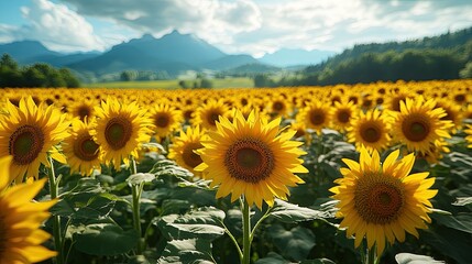 Vibrant sunflower field under a bright sky with mountains in the background, ideal for nature themes