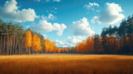 Vibrant autumn landscape featuring golden trees and a serene blue sky with scattered clouds