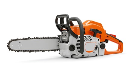 Fototapeta premium Orange and White Chainsaw Isolated on White Background Close Up