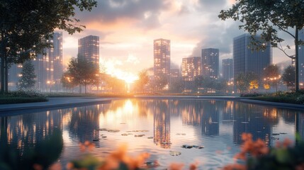 Fototapeta premium Sunset cityscape reflection, park pond, urban development, tranquil evening
