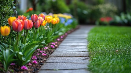 Vibrant tulips and colorful flowers line a stone path in a serene garden setting
