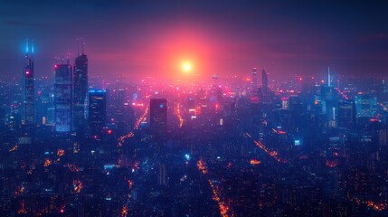 Obraz premium Vibrant cityscape at sunset, showcasing skyscrapers and city lights.