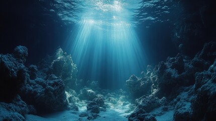 Underwater sunbeams illuminate deep ocean coral reef