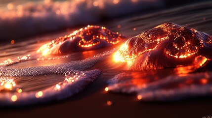 Glowing jellyfish sunset beach wave foam art