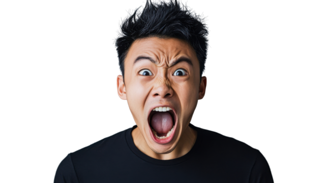 Young man shouting with transparent background: expressing extreme emotion