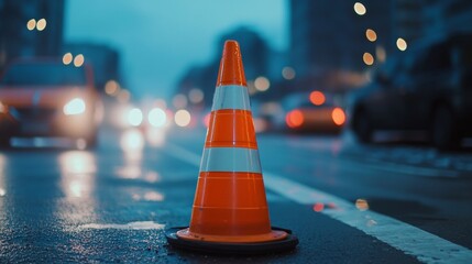 An orange traffic cone with a white reflective stripe placed on an asphalt road. Used for traffic control and safety in construction zones. Close-up shot highlighting texture and details.