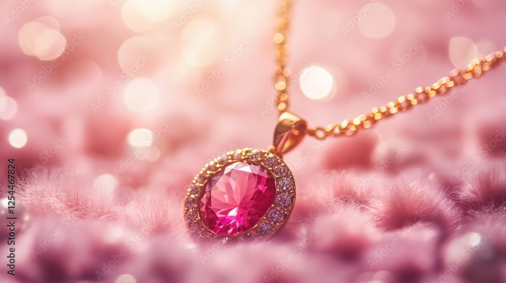 Poster luxury ruby pendant on high quality gold chain displayed on plush pink fabric with soft bokeh lighti