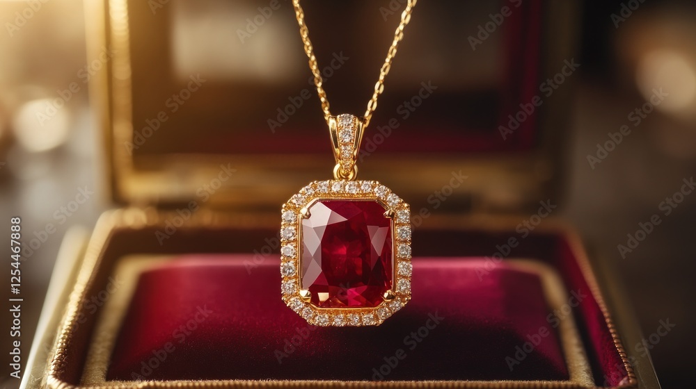 Poster magnificent ruby gemstone pendant necklace in golden setting displayed in a velvet box an example of