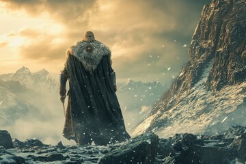 Warrior, snowy mountains, sunset, epic journey, fantasy game art