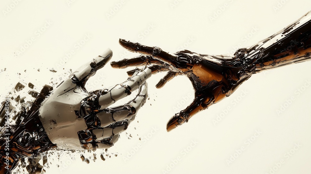 Poster futuristic representation of human touch interacting with robotic hand in abstract art form