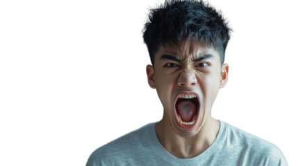 Young man shouting with transparent background: expressing anger and frustration