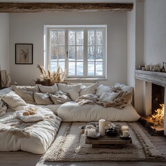 Cozy winter cottage living room, fireplace fire, snowy window view, relaxation