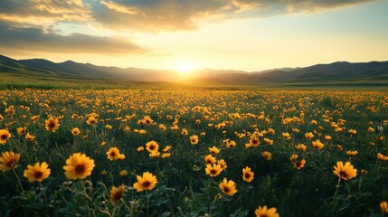 Fototapeta premium Sunset wildflowers field mountains landscape nature beauty