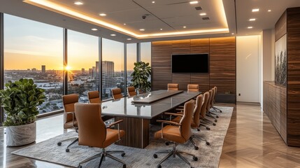Fototapeta premium Sunset city view modern boardroom meeting