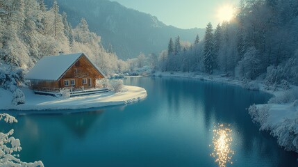 Serene winter landscape featuring a cozy cabin by a tranquil river surrounded by snow-covered mountains
